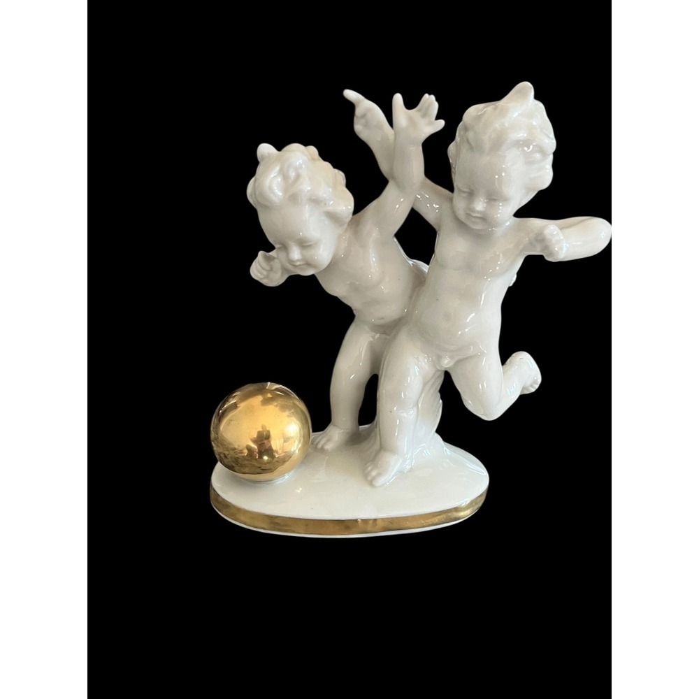 Kronenadler Germany Porcelain Cherubs Putti Figurine with Gold Ball White Gold
